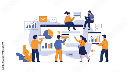 Team of analysts working together to visualize and understand business data on a large interactive dashboard.