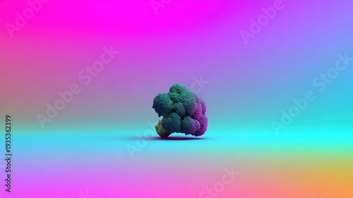 Single piece of organic green vegetable isolated on a vibrant neon gradient background