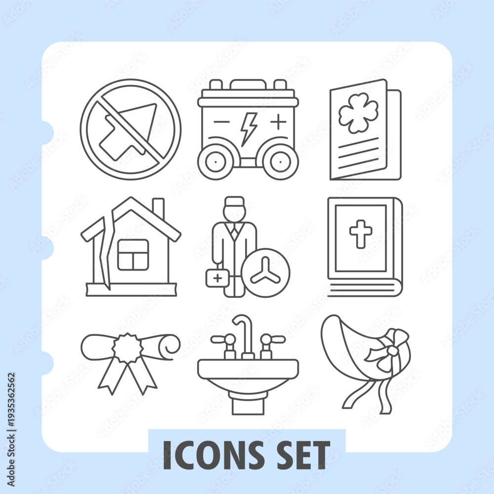 Fototapeta premium Set of nine modern thin line icons, representing themes like communication, power, spirituality, home, business, education and family, presented cleanly on white background.