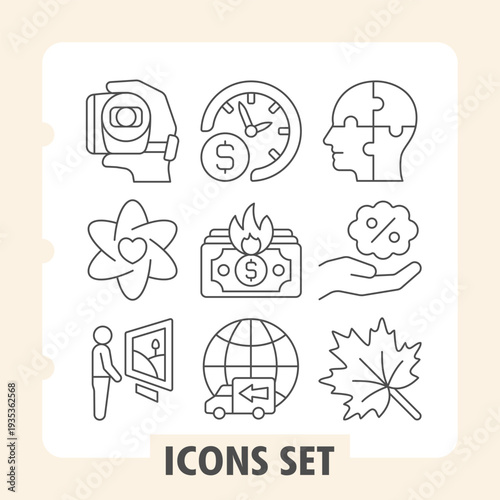 Set of nine thin line icons depicting various themes like business, finance, science, nature and art, perfectly suitable for web and print applications on white background.