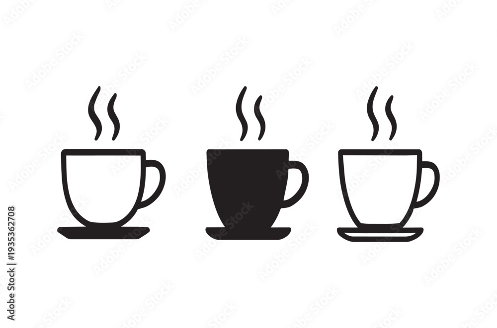 Obraz premium Three black silhouettes of steaming coffee cups arranged in a row