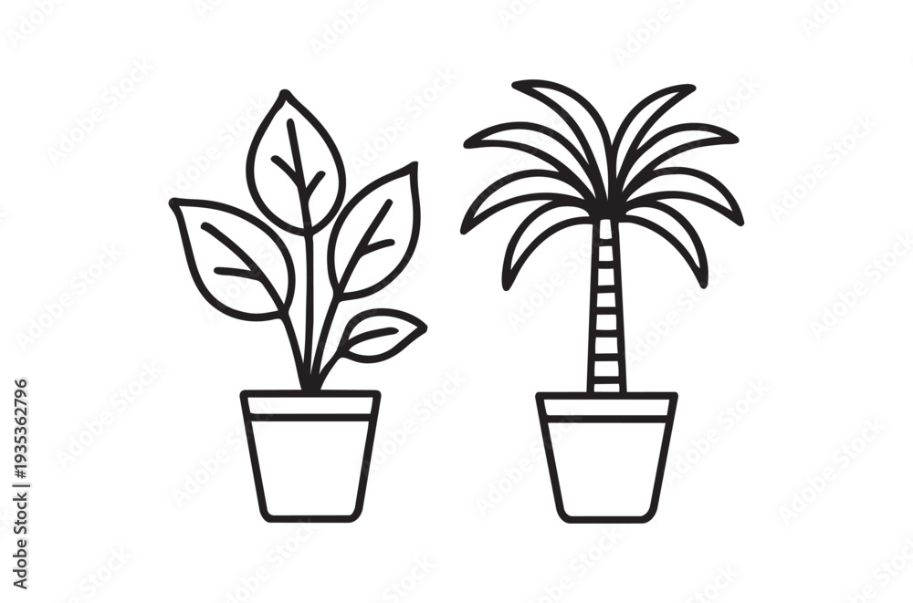 Fototapeta premium Simple line drawing of two potted plants a leafy shrub and a palm