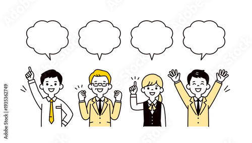吹き出しと、笑顔の社長・男性社員・女性社員のシンプルな上半身ベクターイラスト素材セット
