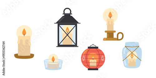 Vector illustration showcasing a collection of candles and lanterns emitting a cozy glow, symbolizing warmth, joy, and heritage