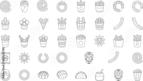 Mexican food and snack icon set, churros tacos nachos candy traditional street food vector illustration collection