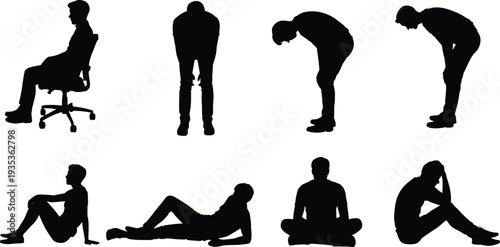 Set of black silhouettes of a man in various poses of exhaustion and sadness, including sitting, lying down, and leaning forward in despair.