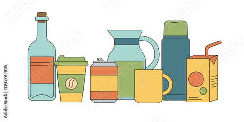 Collection of different drinks and containers filling the frame, displaying common beverages and their packaging