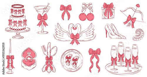 Coquette wedding set in hand drawn vintage doodle style. Whimsical and elegant wedding elements. Save the date.