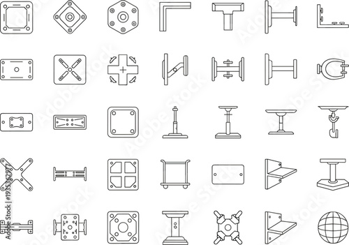 Metal brackets and mounting hardware icon set, industrial support plates, wall mount connectors engineering vector illustration collection
