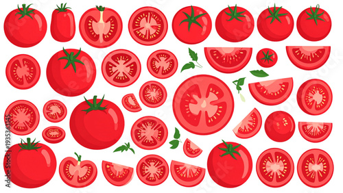 Fresh red tomatoes collection with whole sliced and cherry tomato vegetables flat vector illustration isolated