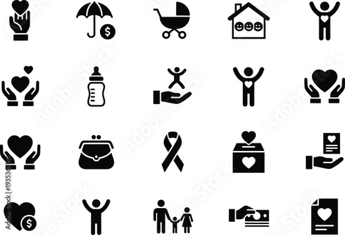 Charity donation and social care icon set, helping hands heart support family aid nonprofit vector illustration collection