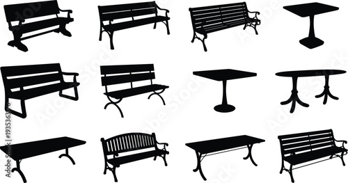 Set of Black Silhouette Outdoor Furniture Icons Featuring Various Park Benches and Cafe Tables Isolated on White Background for Vector Illustration Design and Urban Elements.