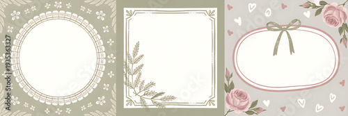 Collection of Three Shabby Chic Style Floral Frames with Intricate Lace, Leaves, and Rose Accents for Romantic Design Projects.