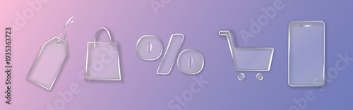 A set of e commerce icons in the Glassmorphism style a shopping cart, discount percentage, price tag, shopping bag, and smartphone on a gradient background. Perfect for modern design elements. Vector 