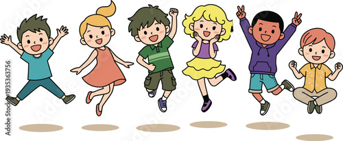 Energetic group of diverse children happily jumping and playing together in a joyful celebration