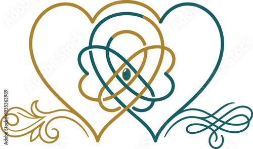 Two elegant hearts intertwine with a beautiful celtic knot design symbolizing everlasting love and union