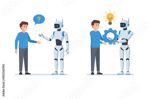 Human and robot working together, sharing a gear and a lightbulb, symbolizing partnership, idea generation and future technology