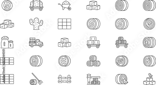 Hay bale farming and agricultural storage icon set, straw roll transport wagon farm harvest vector illustration collection