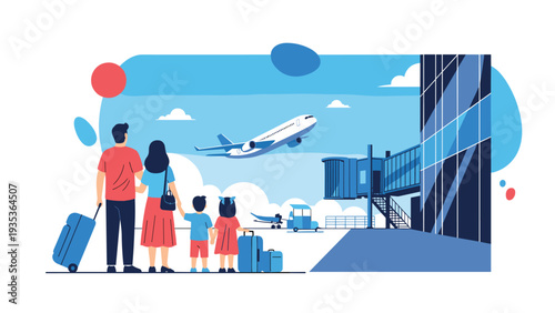 Family with luggage standing at an airport terminal watching a commercial airplane take off into the sky through the window.