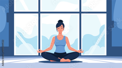 Young woman practicing mindfulness meditation in a peaceful room with a large window showing a soft blue sky at daybreak.