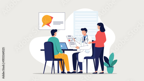 Couple consulting with a male doctor in a medical office while reviewing a report and health documents during a checkup.