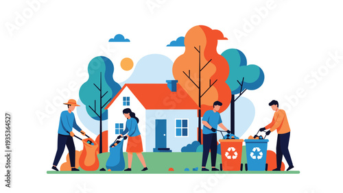 Group of eco-friendly volunteers cleaning up trash and sorting recycling into bins in front of a residential house garden.