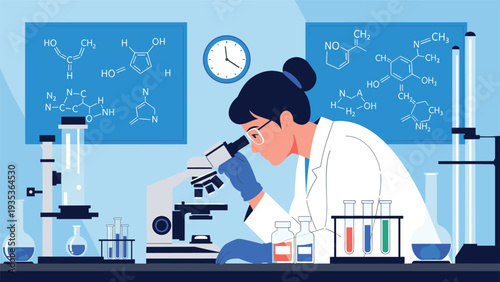Female scientist in a white coat looking through a microscope in a laboratory with chemical formulas and glass flasks.