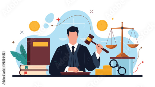 Male judge in a black robe sitting at his desk with a gavel, legal books, and the scales of justice in a courtroom setting.