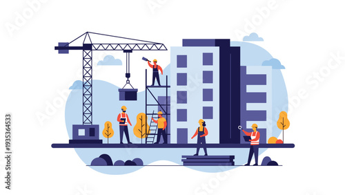 Busy construction site features professional builders working on a multi-story building project with a large tower crane in the background.