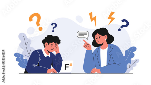 Concerned female supervisor or teacher scolding a young man who looks stressed after receiving a failing grade on his laptop screen.