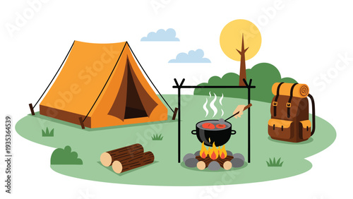 Peaceful outdoor camping scene shows a yellow tent set up on green grass near a warm campfire with a cooking pot and hiking gear.