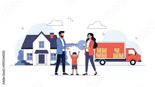 Happy family including parents and a young son receiving the keys to their new home as a moving truck filled with boxes stands nearby.