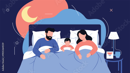 Happy family consisting of father, mother, and small child sleeping peacefully in a large blue bed at night under a stylized moon and starry sky.