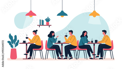 People sitting at tables in a cozy modern cafe enjoying coffee and conversations under colorful hanging lamps with a peaceful atmosphere throughout.