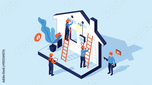 Group of electricians in orange safety helmets installing light fixtures and security equipment on the exterior of a modern house using tall ladders.