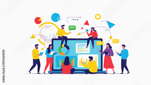 Diverse team of professionals collaborating around a large laptop screen displaying various business data charts and colorful analytical visualizations.