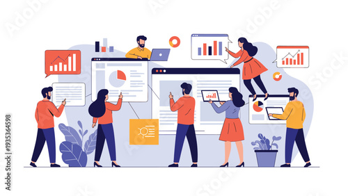 Creative team organizing tasks and brainstorming by interacting with multiple digital dashboard windows and charts in a modern flat illustration style.