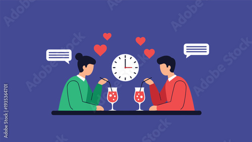 Romantic couple having a date with red drinks and floating hearts while a large clock in the background counts down their time spent together.