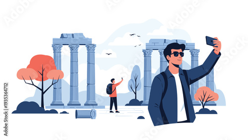 Tourists using smartphones to take selfies and photographs of ancient historical ruins featuring marble columns and trees under a cloudy blue sky.