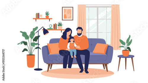 Happy family of three sitting comfortably on a blue sofa in a cozy and well-decorated living room interior with home plants and lamp.
