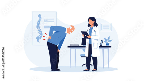 Elderly man suffering from back pain consulting with a female doctor in a medical office with a spinal chart displayed on the wall.