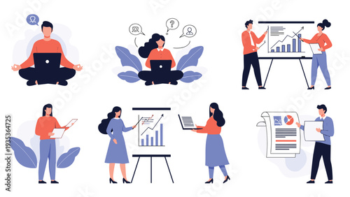 Collection of various business people characters engaged in activities like meditation, presenting data, and working in an office.