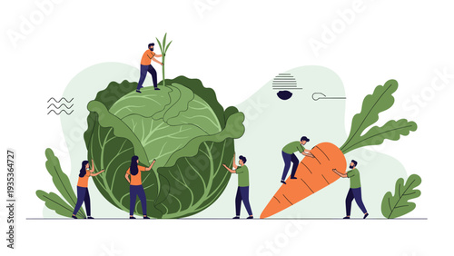 Diverse group of miniature workers collaborating to harvest giant organic cabbage and carrots in a conceptual agricultural scene.