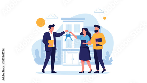 Professional real estate agent handing over keys to a happy young couple in front of a modern apartment building on a sunny day.