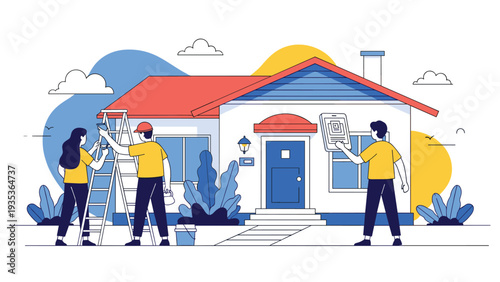 Professional contractors and house painters working together to renovate the exterior of a suburban residential home with ladders.