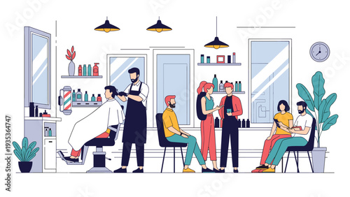 Busy interior of a modern barbershop showing barbers cutting hair for customers in a stylish urban salon with a waiting area.