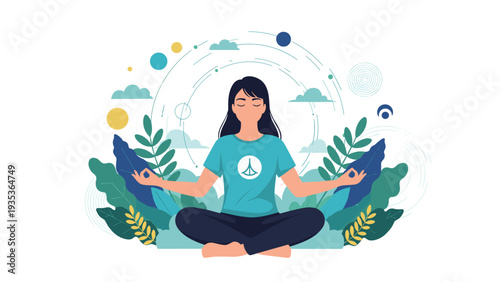 Young woman practicing yoga and meditation in a peaceful outdoor setting with green plants and abstract celestial orbit symbols.