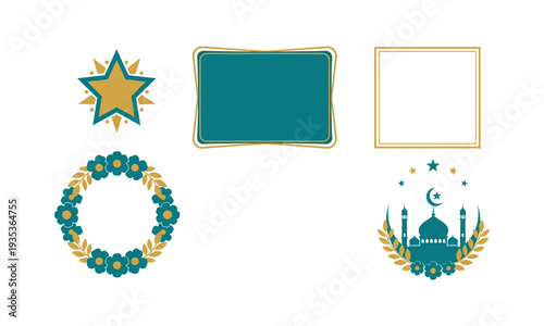 Islamic decorative vector collection with star, frames, wreath, and mosque illustration