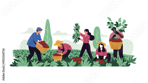 Diverse group of agricultural farm workers harvesting ripe red strawberries in a field and placing them into wooden crates.