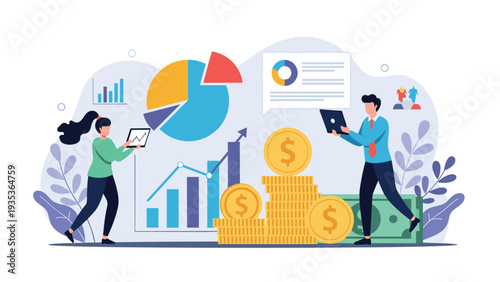 Business professionals analyzing financial data with large pie charts, bar graphs, and piles of gold coins in a workspace.